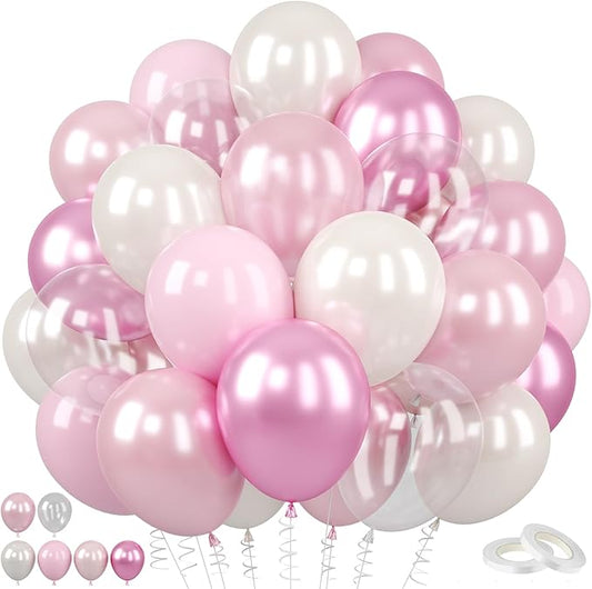 Pink and White Balloons, 60PCS Double Stuffed Pearl Balloon, 12 Inch Metallic Light Pink Clear Transparent Balloons Helium for Girls Princess Birthday Wonderland Bridal Baby Shower Party Decorations