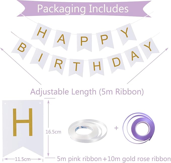 Happy Birthday Banner, Purple Birthday Decoration, 16 Pcs 12in Balloons with 2 Ribbons for Men Women Girls and Boys Party Decoration