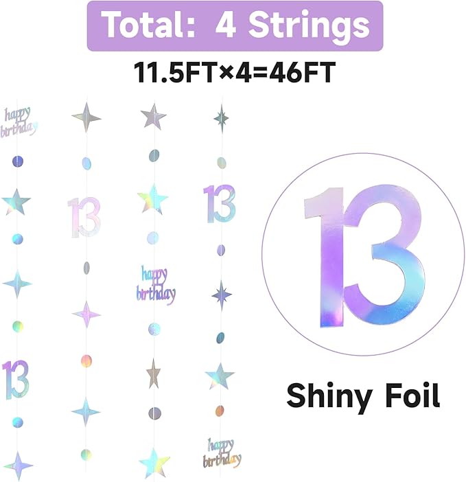GCQQ 13th Birthday Hanging Decorations - 4 Packs Iridescent Happy 13th Birthday Banner 13 Year Old Circle Dot Twinkle Star Garland 46FT Thirteen Metallic Streamer Backdrop for Girl Boy Birth Day Party