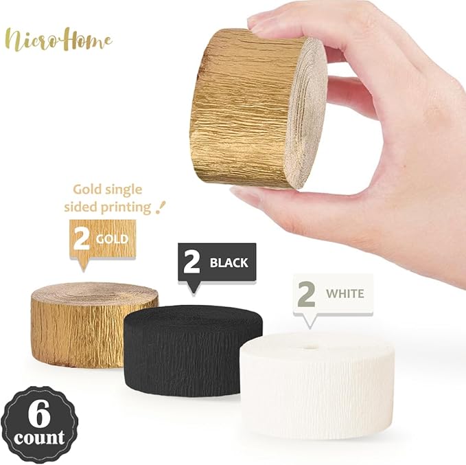 NICROHOME EUR Black Gold Party Decorations, 6 Rolls Crepe Paper Party Streamers for Graduation, Wedding, Birthday, Black and Gold New Years Eve Party Decoration, 82Ft Long