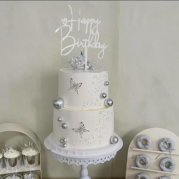 Silvery Acrylic Birthday Cake Toppers - 6pcs Happy Birthday Toppers for Girls' Party Decorations