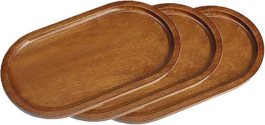 Small Wooden Tray (7.5 x 4.1 inch) 3 Pack, Oval Mini Serving Tray for Coffee Tables, Dessert, Snack, Fruit, Acacia Wood Platter for Vegetable, Decor Restaurant