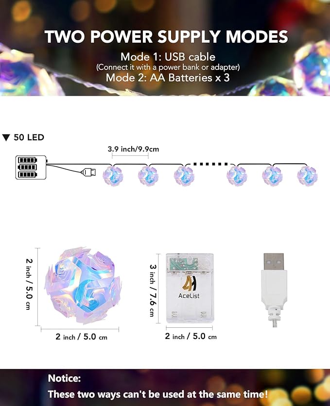 AceList 50 LED Holographic Iridescent String Lights, 16.4Ft Enchanting Disco Ball String Lights– USB&Battery Powered Fairy Lights Iridescent Party Decorations for Home, Classroom, Birthday, Christmas