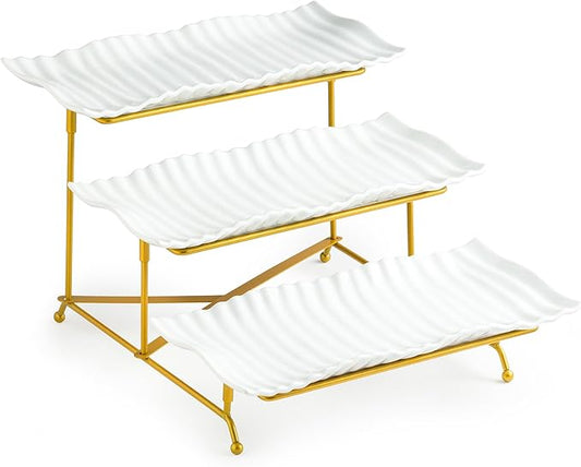 LAUCHUH 3 Tier Trays Stand, Porcelain Serving Trays Collapsible Sturdier Stand Serving Platters Dessert Table Display Set for Indoor Father's Day Party, Entertaining, Gold, 12.2 Inch