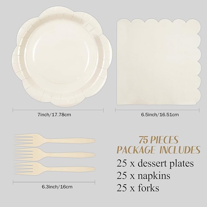 75 PCS Ivory Paper Plates and Napkins Party Supplies, Cream Scalloped Plates Napkins Forks Disposable Tableware Set for Bridal Baby Shower Wedding Birthday Party Decorations (Ivory)