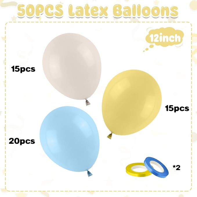 Pastel Blue Yellow Balloons, 50PCS 12Inches White Sand Macaron Yellow Balloons Baby Blue Latex Party Balloon for Baby ShowerTheme Birthday Gender Reveal Bridal Wedding Decoration