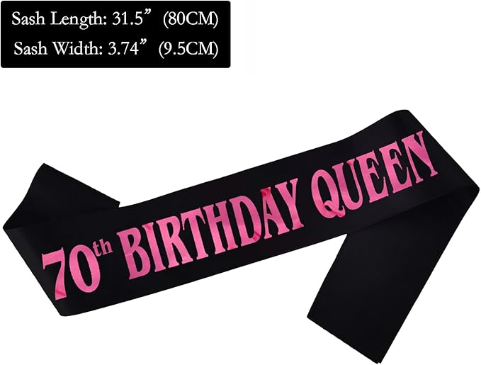 70th Birthday Queen Sash, Pink Foil Black Satin Birthday Sash for Women 70th Fabulous Birthday Party Gift Decorations Favors