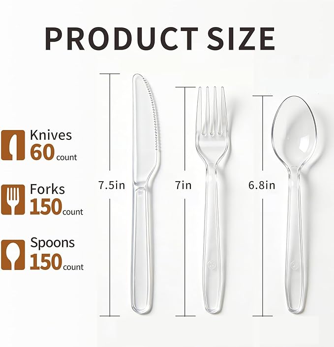 Plastic Silverware-360 Count Plastic Utensils Set, 150 Clear Forks, 60 Knives, 150 Spoons, BPA-Free, Heat Resistant, Disposable Cutlery Heavy Duty for Party Everyday Use