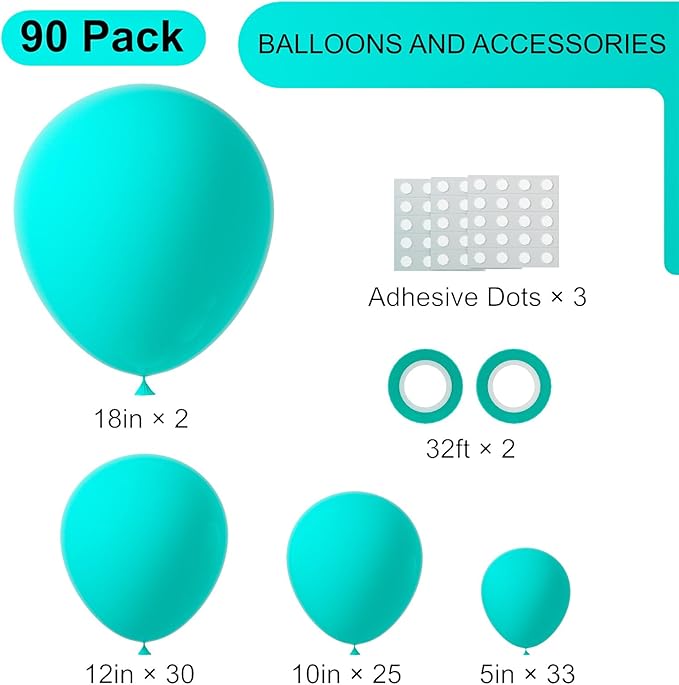 Voircoloria 90pack Teal Balloons Different Size 18/12/10/5 Inch Teal Balloon Garland Arch Kit for Graduation, Wedding, Birthday, Baby Shower, Anniversary Party Decorations