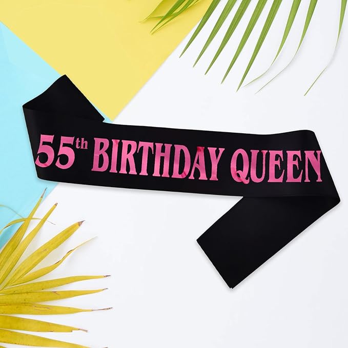 55th Birthday Queen Sash, Pink Foil Black Satin Birthday Sash for Women 55th Fabulous Birthday Party Gift Decorations Favors