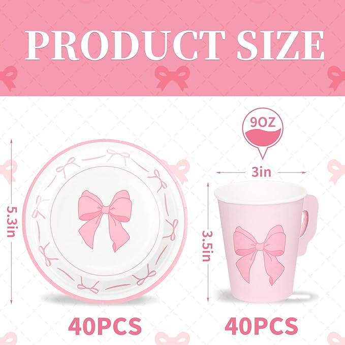 Whaline 80 Pcs Tea Party Supplies 9oz Pink Bow Paper Tea Cups and Saucers Coquette Bowknot Disposable Teacups with Handle and Dessert Plates for Wedding Birthday Baby Shower Bachelorette Tea Party