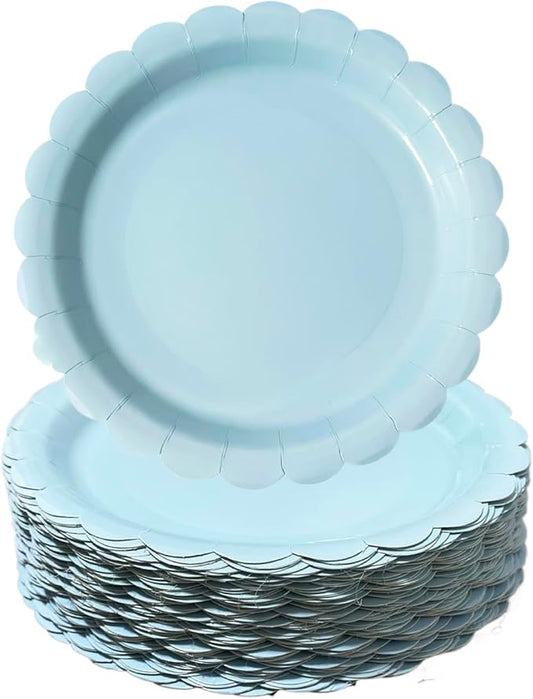 100 Pcs Scalloped Paper Plates, 7 Inch Light Blue Paper Plates, Premium Heavy Duty Disposable Dessert Plates for Wedding, Valentine's, Birthdays, Baby Showers, Parties (Light Blue, 7 In)