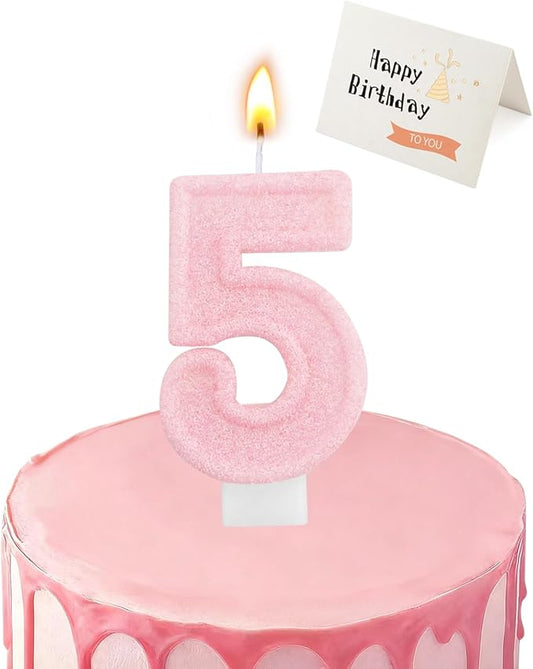 Birthday Candles for Cake, Pink Number Candles, Cake Candles with Greeting Card for Birthday Party Wedding Anniversary Celebrations (Bright Pink 5 Candle)