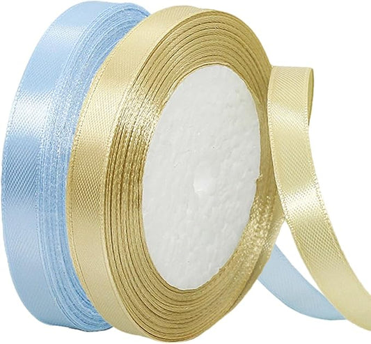 2 Rolls Light Blue Ribbon, 3/8 Inch x 50 Yards Satin Gold Fabric Ribbon for Flower Bouquets, Gift Wrapping, DIY Crafts, Birthday Cakes, Holiday, Wedding Party and Mother’s Day Decorations
