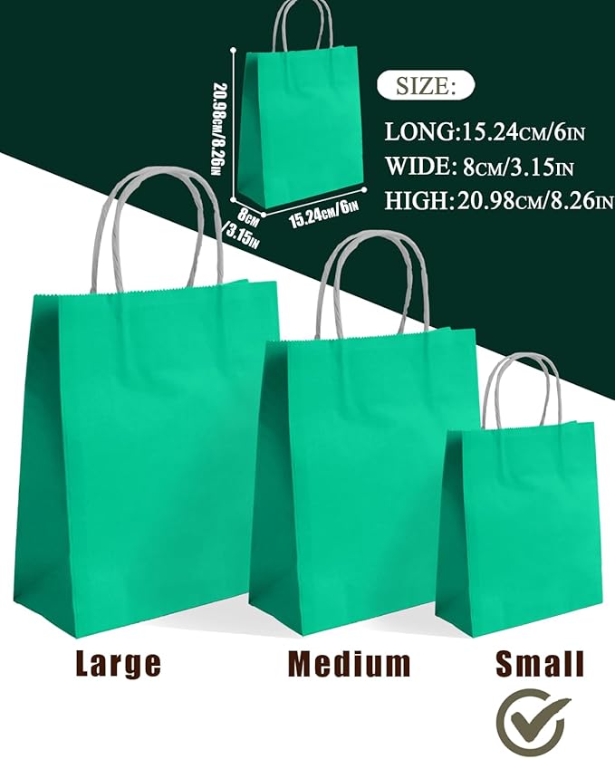 qiqee 24PCS Small Gift Bag with Handles Bulk 8.3"x6"x3" Gift Bags Lake Green Bags Multiple Uses (Small Size)