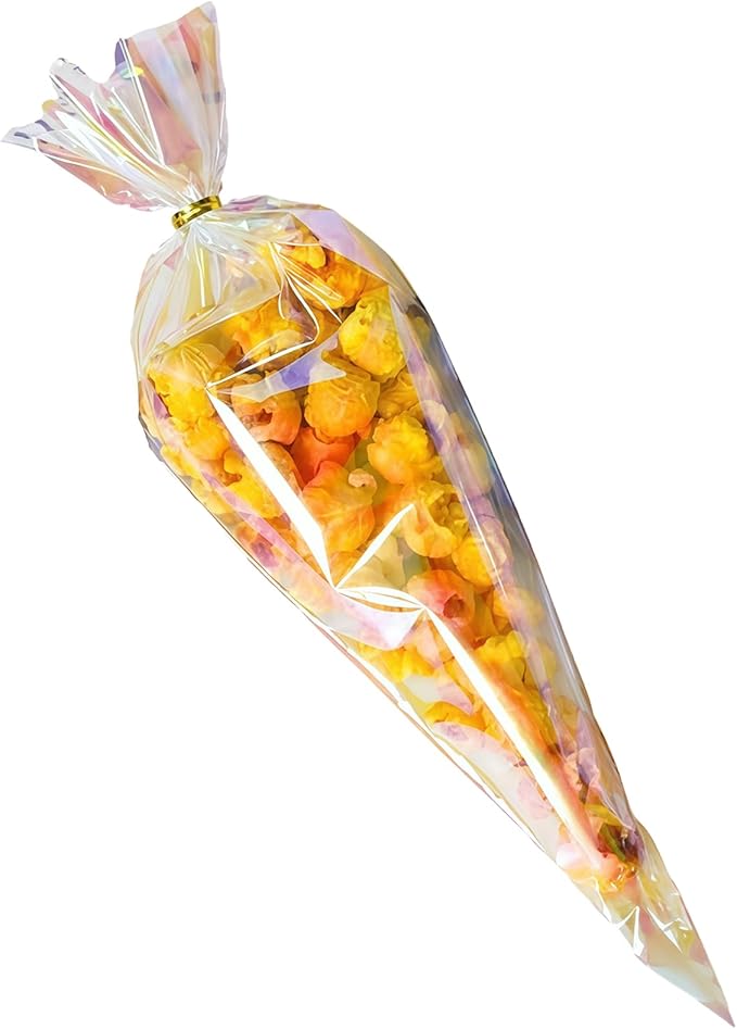 FERENLI 50 Pcs 10x15.9 inch Cone Shaped Iridescent Holographic Cellophane Treat Bags with Twist Ties Plastic Goodie Bags for Candy Popcorn Snack Birthday Party Favors Packaging (Iridescent Clear)