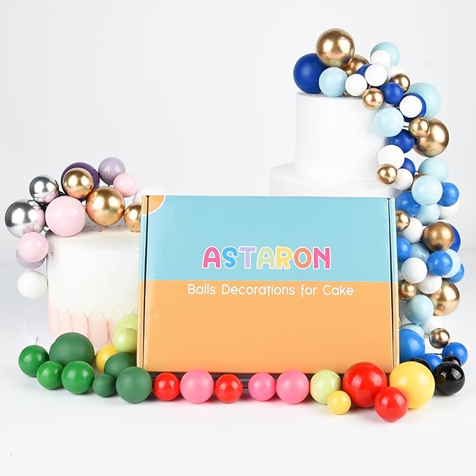 ASTARON 50 Pcs Ball Cake Topper Sticks Mini Balloons for Decorating Supplies Foam Balls Cake Toppers for Baby Shower, Birthday - Blue Series