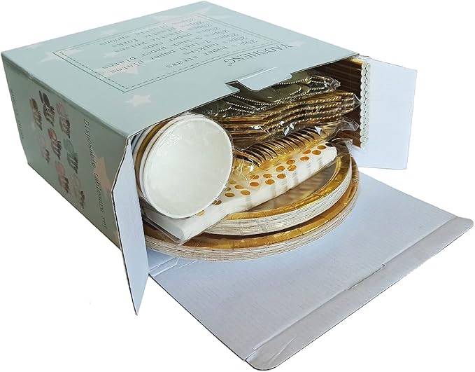 200pcs Solid Gold Party Supplies - Gold Paper Plates & Napkins, Silverware, Serves 25 Sets for Wedding, Bridal Shower, Engagement, Birthday Parties