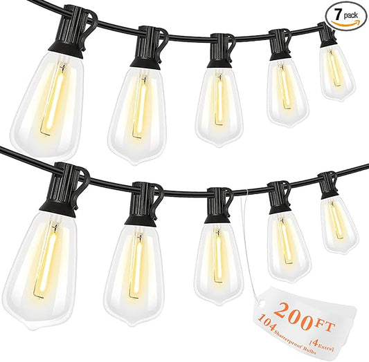 200FT LED Outdoor String Lights, Waterproof Patio Lights with 100+4 Edison Shatterproof Bulbs, Outside Hanging Light, Christmas Decorative for Patio, Cafe, Garden, Bar