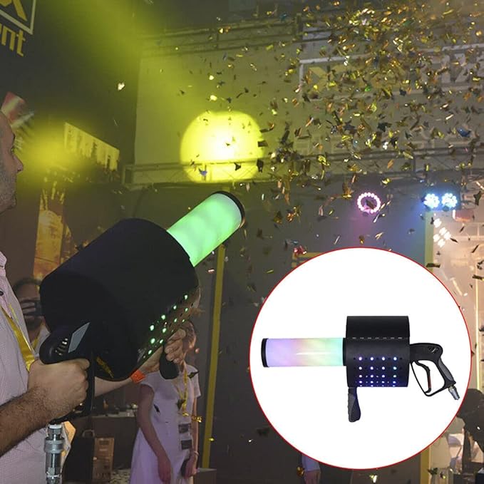 Handheld CO2 Cannon 7 Colors LED CO2 Confetti Gun Color-Changing Electric Confetti Cannon Machine CO2 DJ Smoke Gun 110V 20W for Stage Effect, Disco, Theater, Wedding, Party
