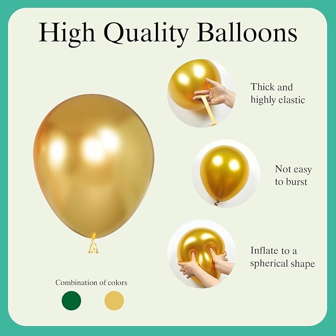 65Pcs Green Gold Balloons Set, Dark Green & Metallic Gold Balloons, Confetti Latex Balloons for Birthday, Graduation, St. Patrick's Day, Jungle Party Decorations