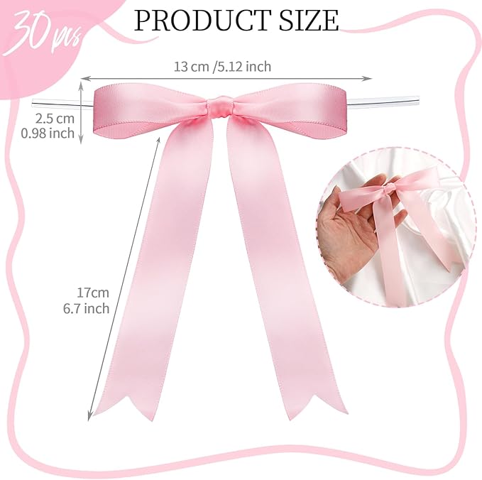 YGDZ Pink Bows 30PCS, Satin Ribbon Bow 5x7'', Large Twist Tie Bows for Gift Wrapping, Balloons, for Party, Cake, Craft, Baby Shower, Valentines Day Decoration