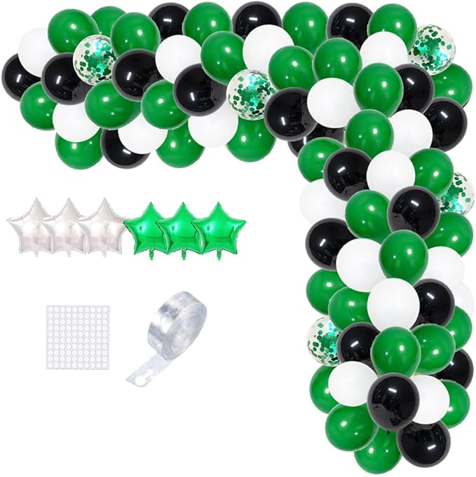 Green White Black Balloon Garland Arch Kit - Green Black White Balloons Soccer Ball Birthday Party Decorations for Video Game Football Birthday Safari Jungle Baby Shower Graduation Party Decors