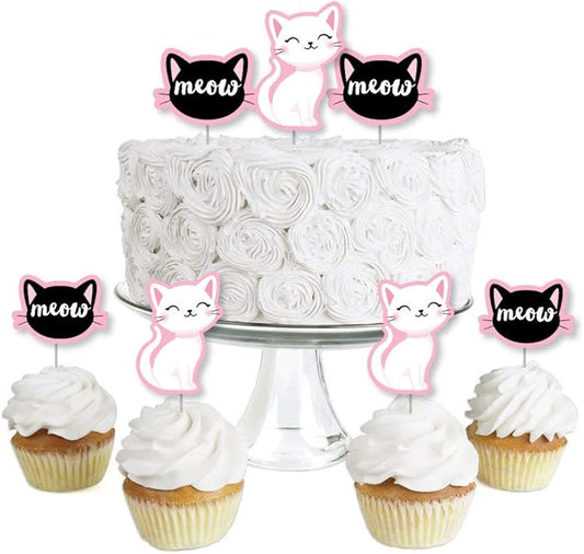 Big Dot of Happiness Purr-fect Kitty Cat - Dessert Cupcake Toppers - Kitten Meow Baby Shower or Birthday Party Clear Treat Picks - Set of 24