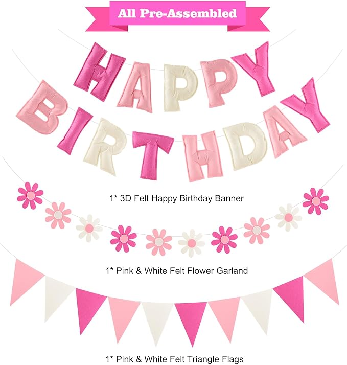 YEOCU Felt Birthday Decorations, NO DIY, Pre-Strung 3D Felt Happy Birthday Banner with Fabric Flower Garland, Colorful Triangle Flags, Birthday Party Decorations for Women Men Boys Girls (Pink&White)