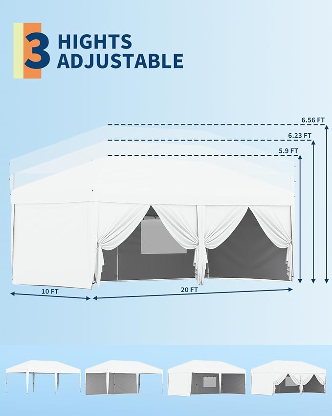 Garvee 20x10 Pop Up Canopy Tent with 6 Removable Sidewall, Heavy Duty Commercial Instant Shelter with One-Person Setup, UPF 50+ Waterproof, 100 Sq Ft Shade for Outdoor Events, Camping, Farmers Market