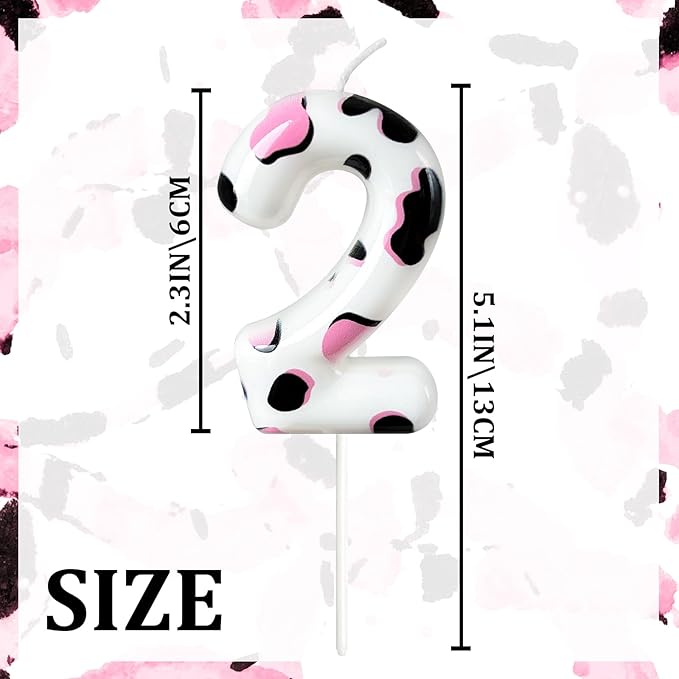 Number 2 Birthday Candle for Cake – Cow Print Design in White Black Pink – Farm Theme & Cowgirl Party Cake Topper Decoration