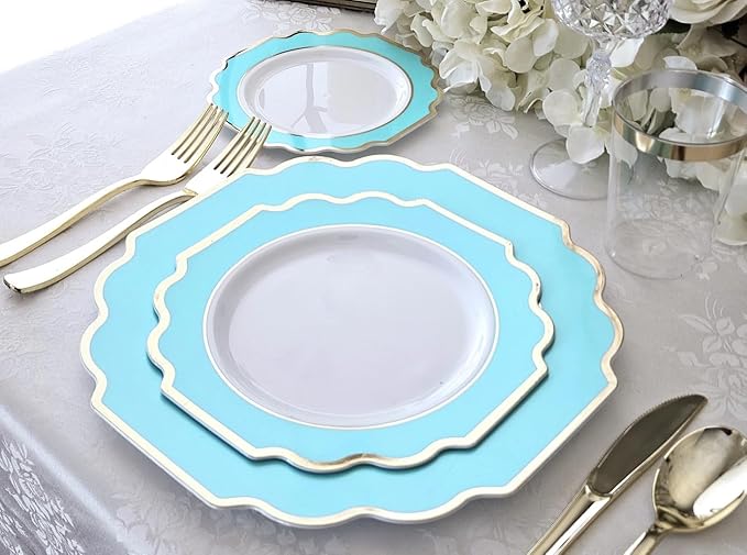 OCCASIONS 720 Pcs set (120 guest) Wedding Disposable Plastic Plate and Silverware Combo 10.5" + 8" + Silverware (Double Fork) (Imperial in White/Aqua & Gold Rim, Gold Silverware)