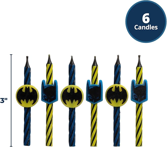 Batman™ Birthday Cake Candles | 6 Birthday Candles for Cake Decorations, Black, Yellow, & Red Striped Candles, Cake Toppers for Batman Party