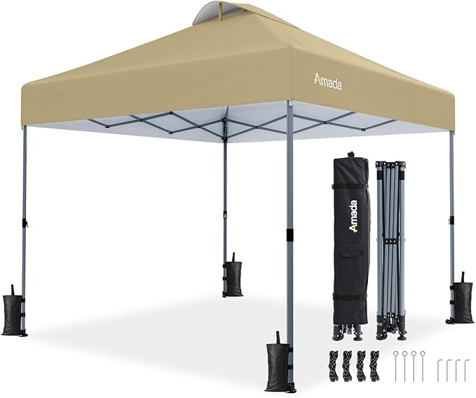 Amada 10x10 Pop Up Canopy - Center Lock One Push Instant Setup Wheeled Gazebo Outdoor Canopy Beach Tent with STO-N-Go Bag 8 Stakes & 4 Sand Bags, 3-Height Adjustable Shade Shelter (10x10ft, Khaki)