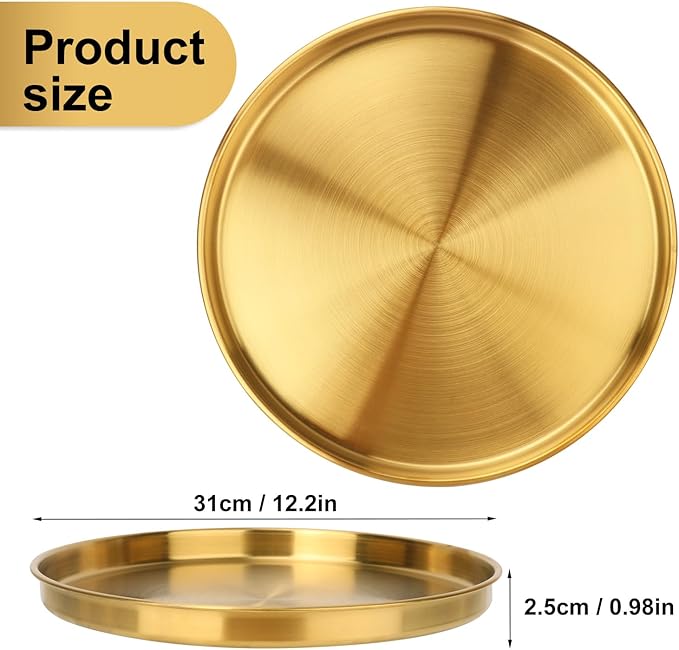 6 Pcs 12 Inch Gold Round Serving Tray, Stainless Steel Decorative Table Trays, Brushed Brass Finish, Multi-Functional for Home, Kitchen, and Vanity