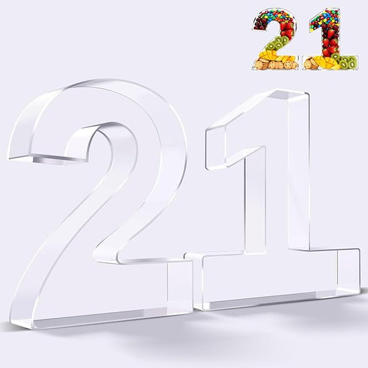Ledido 10’’ Acrylic Number Charcuterie Board Box, Reusable Fillable Serving Tray for Candy Cake Fruit Snack, Easy-Clean Acrylic Charcuterie Tray for Birthday Anniversary Party Decorations, Number 21