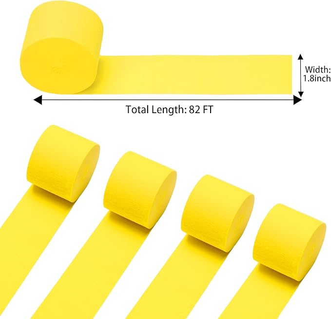 Yellow Crepe Paper Streamers 4 Rolls 328ft, Pack of Party Streamers for Party Decorations, Crepe Paper for Birthday, Baby Shower, Wedding Party Decorations (1.8 Inch x 82 Ft/Roll)