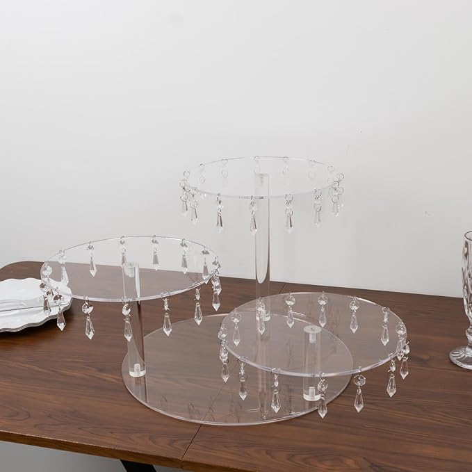 Efavormart 3-Tier Acrylic Cake Stand with Hanging Crystal Pendants – Clear Elegant Cupcake Tower for Dessert Display