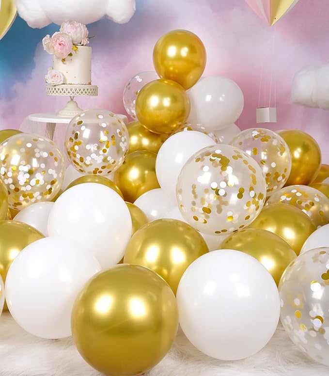 Metallic Shiny Gold and White Balloons 12 Inch 67PCS White Gold Confetti Balloons Latex Helium Balloon Set for Graduation Anniversary Wedding Birthday Party Decorations