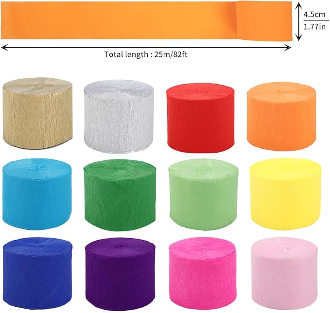 Coceca 12 Rolls 984ft Crepe Paper Streamers in 12 Colors for Rainbow Party Decorations Wedding Ceremony Birthday Indoor Decoration