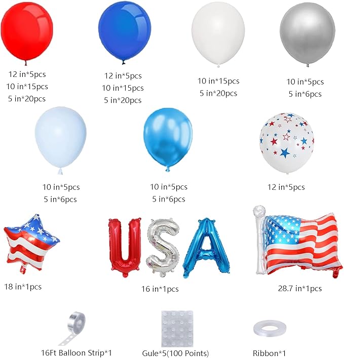DBKL 156Pcs Red White and Blue Balloons Garland Arch Kit with USA Flag Foil Balloon, Patriotic Balloons for 4th of July Graduation Birthday Baseball Party Decorations