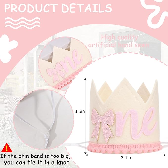 Bow One Birthday Crown -Pink Bow One Birthday Decorations, Sweet 1st party Hat, Little Princess Crown For Cake Smash,girls just wanna be one birthday