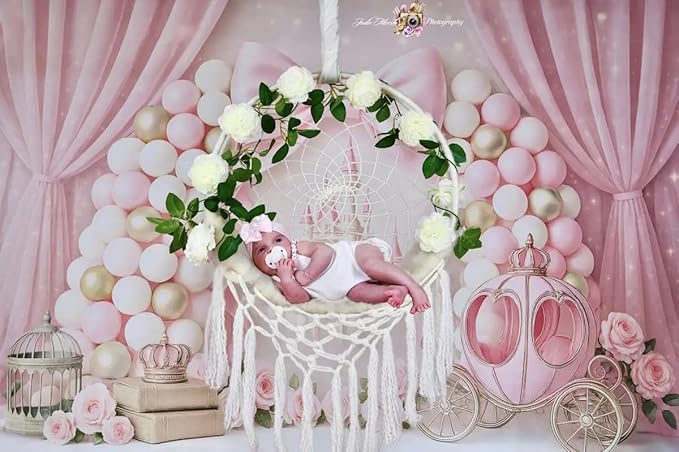 Kate Pink Castle Bow Backdrop for Kids Birthday Party Balloons Princess Carriage Home Decoration Cake Smash Background Photo Booth Props 8x8ft