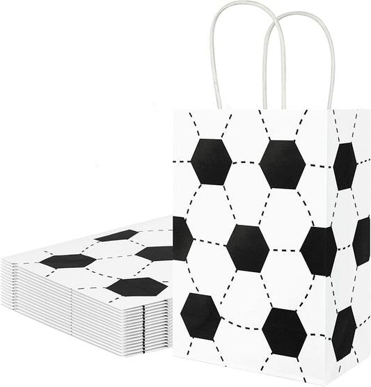 Ethanberg 20Pcs White Soccer Party Favor Bags with Handles, Sports Themed Kraft Paper Gift Bags Candy Snack Bag, Goodie Bag for Sport Team Ball Events Theme Birthday Party Supplies