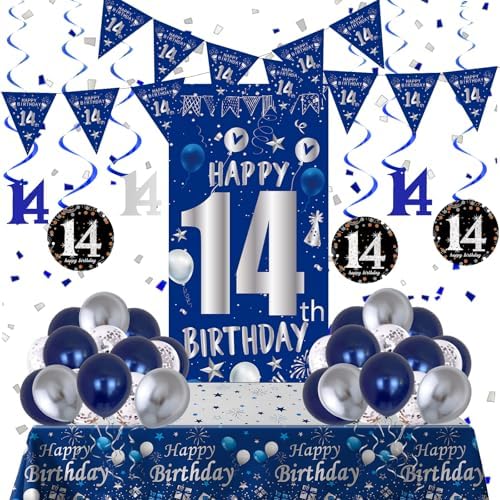 14th Birthday Decorations for Boys Girls, Blue 14 Year Old Party Supplies