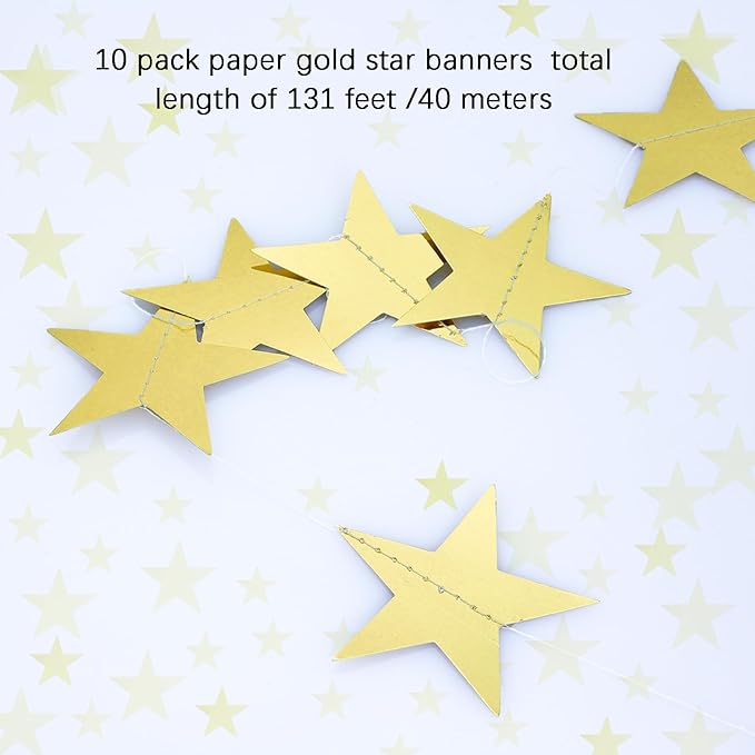 Glitter Star Garland Banner Decor 130 Feet Gold Star Garland Hanging Bunting Banner Backdrop for Graduation Wedding Birthday Holiday Party