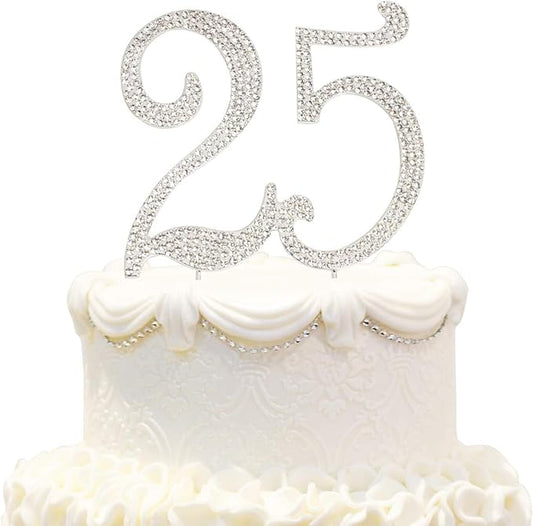 Bling Crystal Rhinestone 25 Birthday Cake Topper - Best Keepsake | 25th Party Decorations Silver