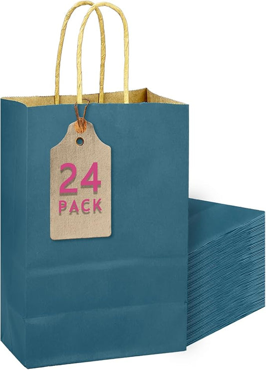 qiqee Classic Blue Gift Bag with Handles Bulk 24Pcs Paper Bags -10.6"x8.3"x4.3"Party Favor Bags - Solid Color
