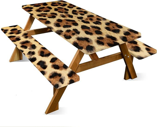 ANNA QUEEN 6FT Leopard Picnic Table Cover with Bench Covers Picnic Table Cover Set 3PCS 72"x30", Waterproof Outdoor Bench and Tablecloth Furniture Protection for Camping Beach BBQ
