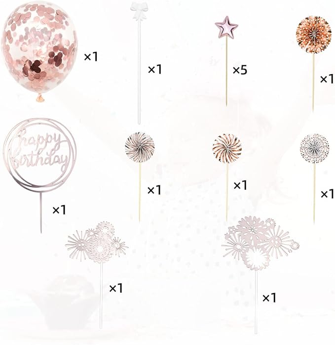 Cake Topper Decoration Set Acrylic Glitter Happy Birthday Cake Topper with Confetti Balloon Paper Fans Firework Cupcake Toppers for Rose Golden Theme Decor Women Birthday Party Supplies (Rose Gold)